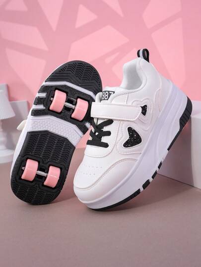 Kids 4-Wheel Roller Skate Shoes,Removable 2-In-1 Sports Skate Shoes, Stylish Casual Sneakers With Hook And Loop Strap For Boys & Girls, Middle & Large Kids