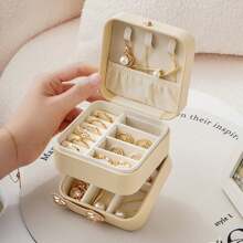 CASEGRACE 1pc PU Leather Travel Jewelry Storage Box, 3-Layer Travel Jewelry Organizer, Multifunctional Travel Jewelry Case, Small Jewelry Box For Women, Jewelry Travel Case Earring Organizer Box With Mirror Back To School