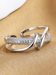 1pc Aloof Geometric Criss-Cross Wrapped Zirconia Stone Open Ring For Women