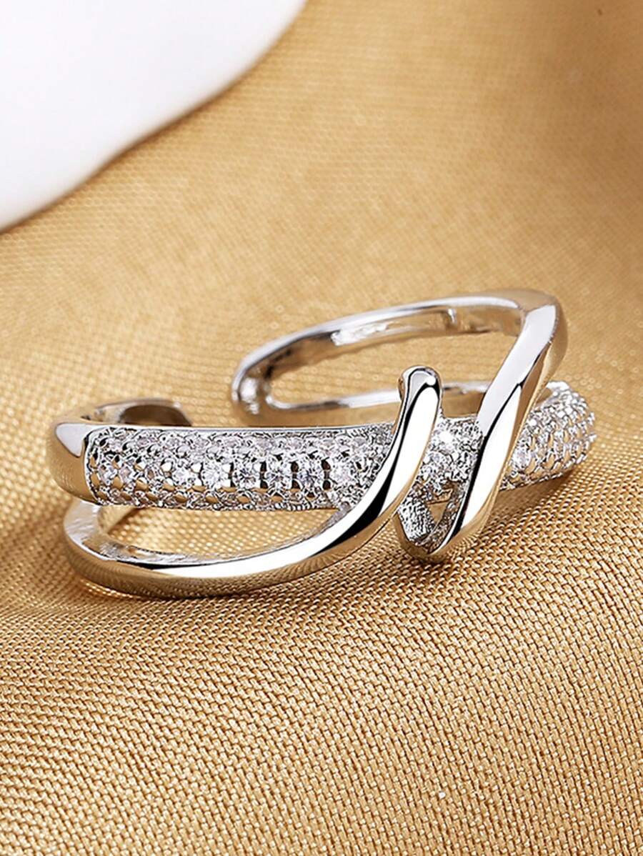 1pc Aloof Geometric Criss-Cross Wrapped Zirconia Stone Open Ring For Women