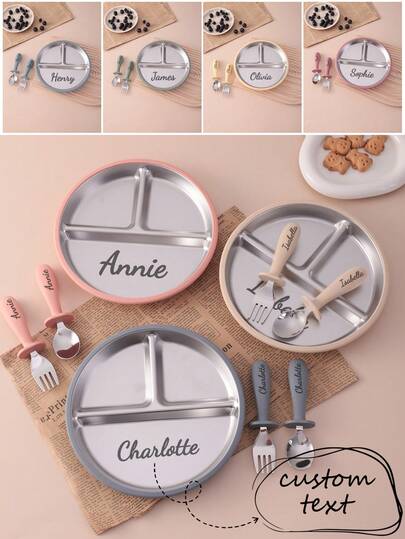 3PCS Personalized Customization Name Suction Base Children Silicone Stainless Steel Plate Spoon Fork Sets Self Feeding Plate Cutlery Print On Demand Children Tableware Essentials,Multi-Functional,Ornamental,Letter,Stylish,Modern,Colorful,Cute,Adorable,Casual,Custom,Personalised,Unique,Customized,Ideal Gifts For Him,Ideal Gifts For Her