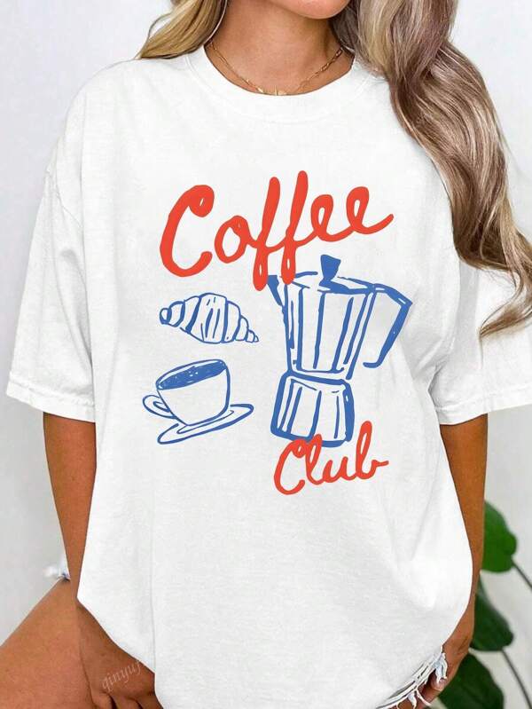 Sommer Große Größen T-Shirt mit Kaffee- und Schriftdruck, kurze Ärmel, einfaches und bequemes Oberteil für Frauen, ideal als Geschenk für Kaffeeliebhaber