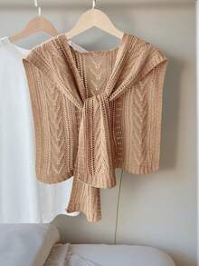 1pc Women Hollow Out Knitted Shawl, Versatile New Design With Bow Decor Poncho, Solid Color Collar Wrap, Perfect For Air Conditioned Room And Outdoor Matching For Dress - Multicolor - View 3