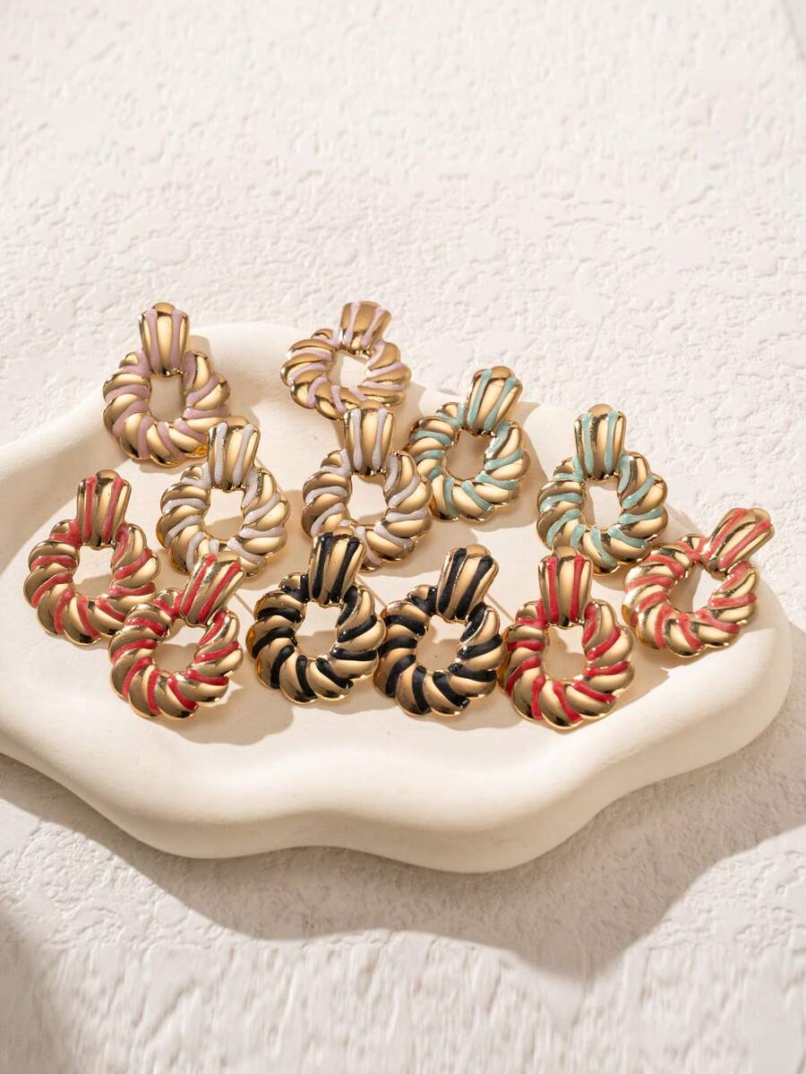 一对 18K 金色金属滴油几何斑马纹夸张独特耳饰