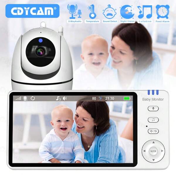 CDYCAM 5'' 720P HD Screen Baby Monitor With Camera, 3500mAh Battery Night Vision Remote Pan, Tilt, And Zoom Two-Way Talk Large Display 8 Lullabies Nanny