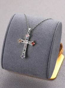1pc 14K Gold Plated Zirconia Cross Pendant Necklace For Women, Simple & Fashionable, Suitable For Everyday Wear