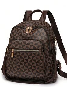 时尚女士双肩包，绗缝大容量双肩包，休闲单肩包，通勤包，学生背包，妈妈包 - 棕色 - 查看 9