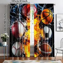 2pcs Classic Polyester Sport Themed Blackout Curtains Set, Dynamic Ice & Fire Design With Baseball, Football, Soccer & Basketball, Ideal For Boys Bedroom Window Treatment