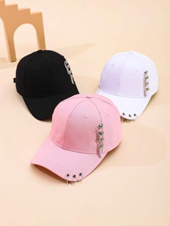 1pc Unisex Metal Ring Snapback Cap, Stylish Chain Decor Baseball Hat For Outdoor, Travel, Versatile