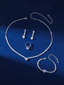 Elegante y sencillo set de joyería de de 5 piezas, que incluye collar, pendientes, pulsera y anillo. Con forma de corazón brillante, de moda y versátil, adecuado para todas las ocasiones. San Valentín, Mamá, Madre, Día de la Madre, Regalo