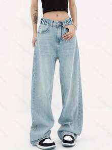 青少年女孩高街美式水洗阔腿牛仔裤，休闲宽松直筒裤，紧身版型