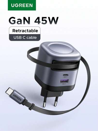 UGREEN UGREEN 45 W 3-portowa GaN 2*USB-C 1*USB-A Szybka ładowarka SFC 2.0 Superszybkie ładowanie 2.0 45 W z chowanym kablem do SAM SUNG S24 Ultra S24+ S25+ S25 Ultra Kompatybilna z 'em 16 15 Pro Max Nadaje się do ładowania wielu osób, ładowania wielu urządzeń, potrzeb ładowania w domu i biur Ładowarka do telefonu wieloportowa Nan o dużej mocy wyjściowej