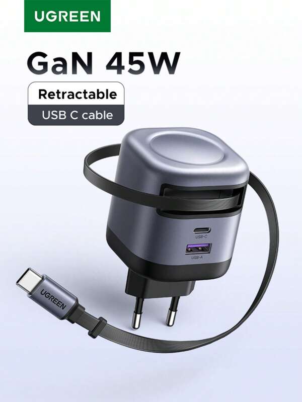 UGREEN UGREEN 45W 3-Port GaN 2*USB-C 1*USB-A Fast Charger SFC 2.0 Super Fast Charging 2.0 45W With Retractable Cable For SAM SUNG S24 Ultra S24+ S25+ S25 Ultra Compatible With IPhone 16 15 Pro Max Suitable For Multiple People Charging, Multiple Devices Charging, Home Charging Needs, And Office Desks Phone Charger Multi-Port Nan High Output Power