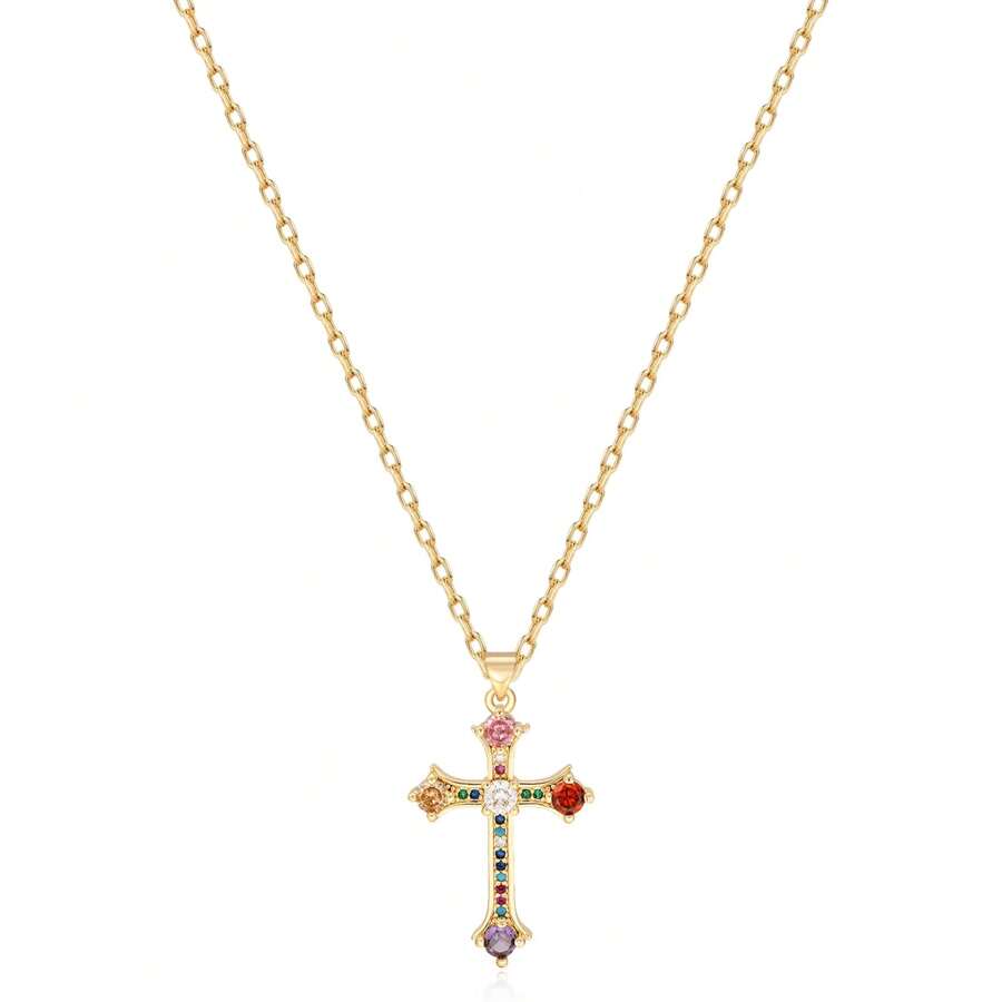 1pc 14K Gold Plated Zirconia Cross Pendant Necklace For Women, Simple & Fashionable, Suitable For Everyday Wear