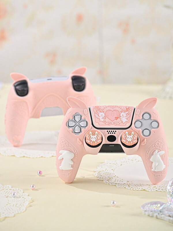 GeekShare Süßer Hase Silikon Gamecontroller Hautverschoner Mit 1 Paar Joystick Kappen + 2 Aufkleber