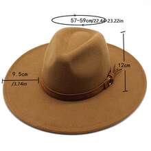 Women Men Wide Brim Fedora Hat Solid Color Belted Wool Hat Felt Jazz Cap For Party - 卡其色 - 查看 7