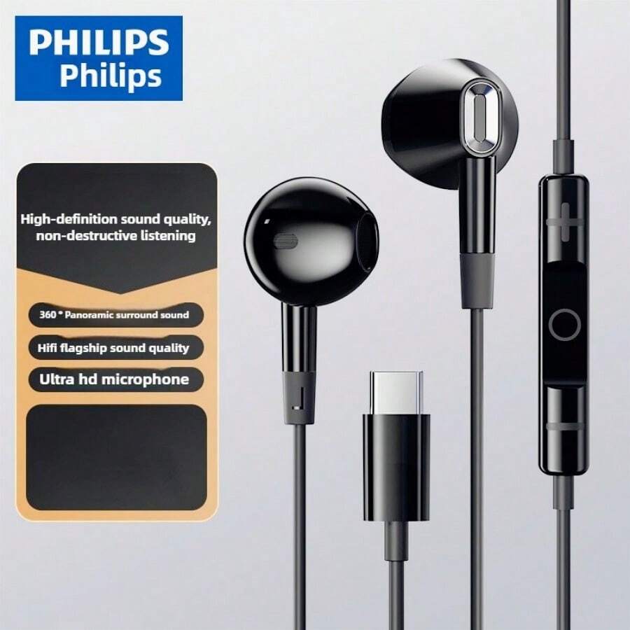 Auriculares Philips TAE1020 con cable tipo C, semiinsertos, aislamiento de ruido, micrófono incorporado, sonido HD, cable flexible, control fácil, perfecto para smartphones y tablets - Negro - Ver 1