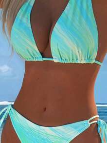 European And American Fashion Backless Bikini 2 Pieces Set Pink Gradient Colorful Print Swimsuit Summer Beach Essential - Green - View 5
