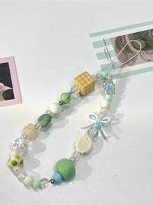 Correa versátil de estilo Ins en color verde manzana premium, cadena de teléfono de verano Ins, correa para la muñeca DIY para cámara CCD, decoración de colgante con cuentas, cadena de bolso con estampado verde amarillo a cuadros al estilo coreano