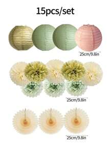 15 pièces Ensemble de décoration de fête vert sauge et or - Lanternes en papier de 10 pouces, fleurs en papier, éventails en papier, idéal pour les mariages d'été, les enterrements de vie de jeune fille, les remises de diplômes, les anniversaires, les mariages, les fêtes de remise de diplômes, les fêtes de tous les jours et les fêtes de vacances