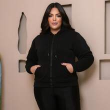 PLUS SIZE WOMEN'S BLOUSE WITH ZIPPER, POCKETS AND FUR - Black - View 6