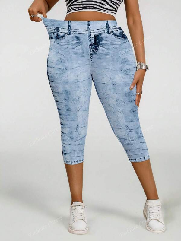 Pantalones capri skinny de mujer talla grande con gran elasticidad y estampado total, diseño efecto vaquero, mallas casuales cómodas de punto para deportes al aire libre