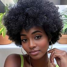 180% Density African Curly Wig - Short Bob Cut With Bangs, 1B# Natural Black Color For Everyday Wear, Protective Hairstyle, Voluminous Curls, Cap, For Busy Professionals, Quick Hairstyle Change