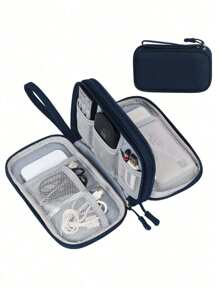 1 حقيبة تخزين صلبة ذات طبقتين من مادة EVA بتصميم بسيط، يمكن تخزين سماعات الأذن والكابلات والشواحن وبنوك الطاقة، صندوق تخزين مستطيل، ضروري للرجال والنساء أثناء السفر، حقيبة منظم لإكسسوارات الإلكترونيات