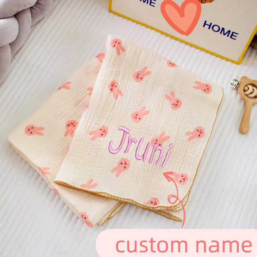 可定制名字刺绣双层纱布婴儿毯 宝宝卡通襁褓 尺寸110cm*100cm 适用于空调房新生儿 - 粉兔頭(花邊 - 查看 1