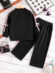 女童蝴蝶结图案印花保暖圆领运动衫和长裤套装 - 黑色 - 查看 6