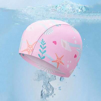 1 件粉色舒适卡通印花图案弹力青少年游泳帽舒适不紧绷布帽长发护耳帽泳池游泳帽
