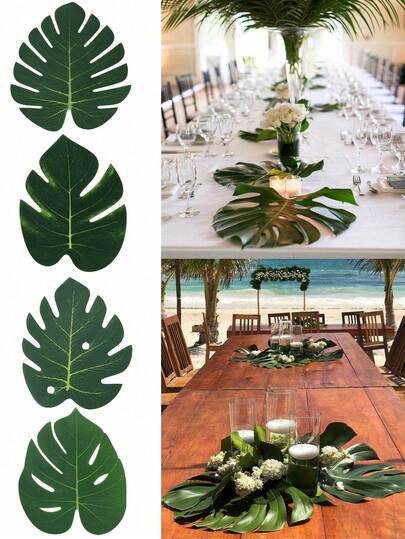 24片人造热带棕榈叶，夏威夷热带树叶餐垫，多种尺寸可选：10*8厘米/15*11.5厘米/20.5*17.5厘米/24.5*20厘米，适用于夏威夷丛林海滩热带派对装饰、夏季装饰、阿罗哈派对用品、夏季海滩派对装饰、夏威夷卢奥餐桌装饰、火烈鸟派对用品、狂野生日派对用品、热带丛林装饰配件、夏季家居装饰、厨房装饰、桌面装饰