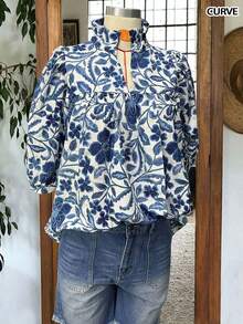 Whisplicity Women's Bohemian Style V-Neck Casual Vacation Floral Print Ruffle Hem Blouse, Spring/Summer - Blue - View 6