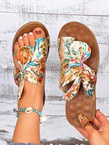 彩虹蝴蝶结装饰女士平底凉鞋，舒适按摩鞋底，多色沙滩拖鞋 - 彩色 - 查看 1