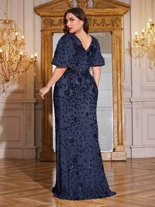 hezixi 加大码女式高品质弹力亮片修身 V 领灯笼袖优雅礼服，适合派对、庆典、晚装、新娘母亲礼服（重工） - 藏蓝色 - 查看 3