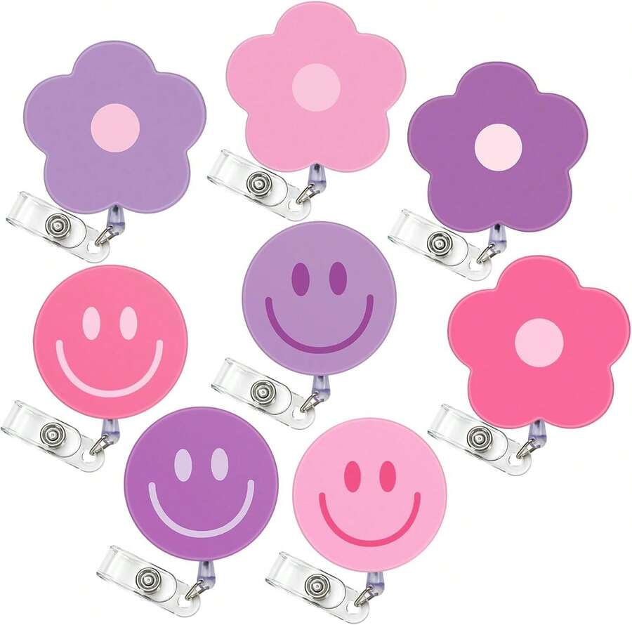 8Pcs Flower Smile Face Badge Reel With Clip Retractable Cord Pink Purple Floral ID Badge Reel Hippie Name Tag Badge Holder For Office Nurse Teacher Favor - Màu tím - Xem 1