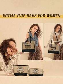 黑色亚麻撞色肩带手提包，化妆包，方包套装，大容量。肩带可根据个人喜好拆卸，并附赠一个化妆品收纳袋和一个带拉链的小方包，可用作洗衣袋、零钱包或铅笔袋。时尚个性手提包，沙滩包，