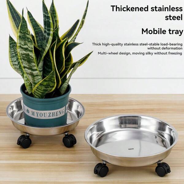 1 pieza Bandeja para macetas móvil de acero inoxidable con rueda de freno universal, base plana resistente, soporte para tanque de gas licuado o pecera