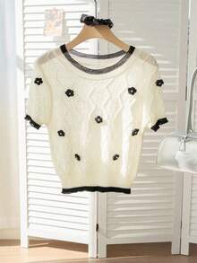 撞色韩版优雅针织上衣，甜美3D花卉拼接短袖T恤女夏季