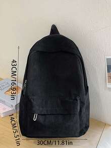 1 件定制姓名印花灯芯绒背包 - 大号轻便耐用涤纶背包，拉链开合，时尚纯黑色，适合户外、旅行、工作和日常使用