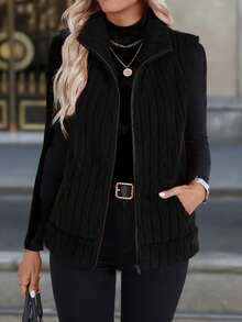Solid Color Minimalist Plush Cardigan Vest, Versatile Outerwear - Black - View 1