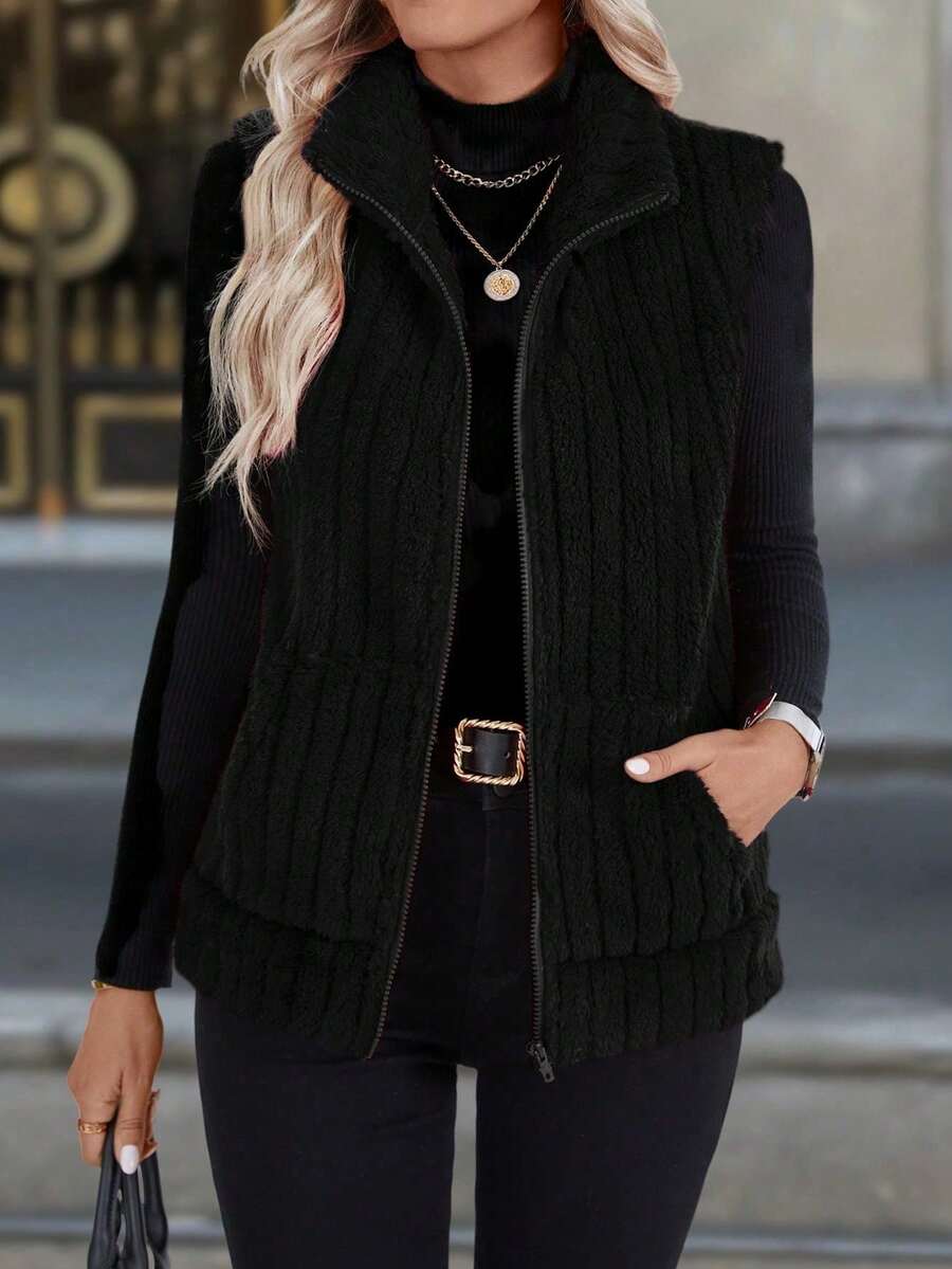Solid Color Minimalist Plush Cardigan Vest, Versatile Outerwear - Black - View 1