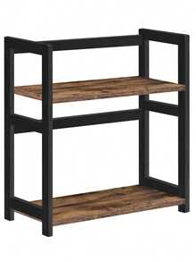 Estante de almacenamiento de 2 niveles, organizador de computadora, marco de bambú, para cocinas, comedores, oficinas, café rústico y negro - Marrón - Ver 1