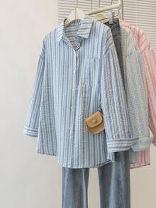 YUXIN Camisa holgada a rayas vintage, blusa de chaqueta de manga larga con cuello para mujer, cómoda de llevar para múltiples ocasiones, ideal para primavera y otoño