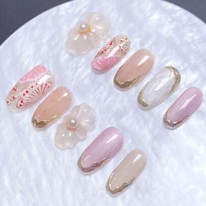 10片手工制作的杏仁形美甲贴片，采用手绘渐变日式花卉凝胶设计，高端美甲成品。[手工制作，图案随机，适合日常佩戴或作为礼物] 按压式美甲贴片 美甲用品 手工美甲贴片