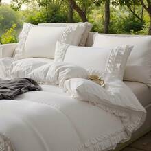 Pink Cotton Ruffled Duvet Cover Set Queen, Vintage Shabby Chic Farmhouse Bedding Set Coquette Aesthetic French Country Comforter Cover - trắng - Xem 1