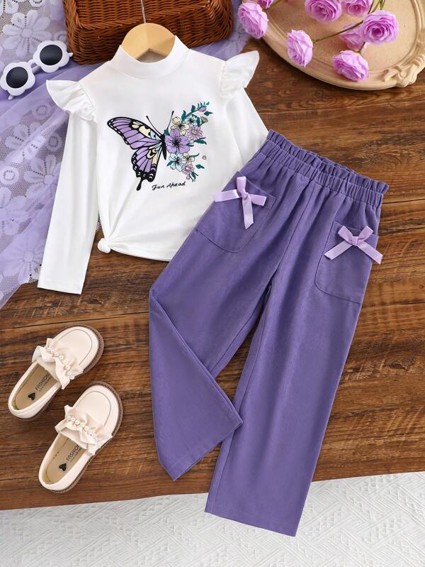 Young Girls Long Sleeve T-Shirt + Solid Color Bowknot Pants Set, Fashion Casual Minimalist Versatile, Suitable For Daily Outings, Vacation, Party, Outdoor Activities, Autumn/Winter