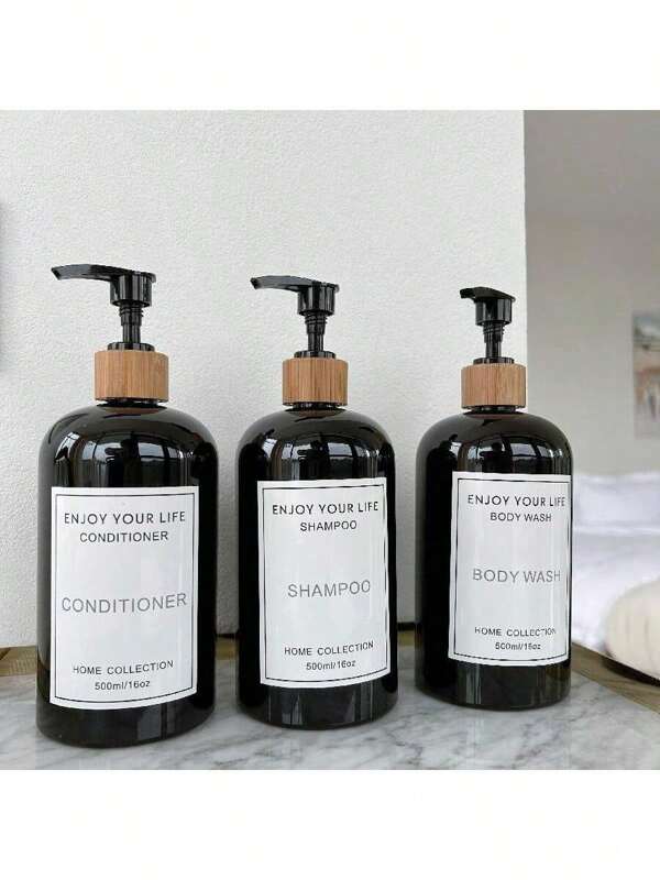 1pc Black Round Shoulder Bottle Lotion Dispenser With Bamboo Pump, Refillable Shower Gel Shampoo Conditioner Container With Waterproof Sticker, 500ml/16oz Large Capacity Body Lotion Hand Cream Hand Soap Plastic Empty Bottle, Countertop Lotion Bottle, Basin Soap Dispenser, Refillable Empty Bottle, Home Decor, Bathroom Accessories