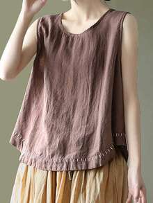 Women's Tank Tops Summer Causal Versatile Solid Color Plus Size Loose Sleeveless Linen Shirt - Brown - View 4