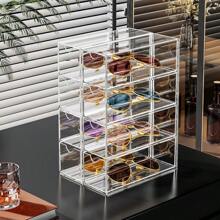 1pc Transparent 4-Cell Pull-Out Glasses With Drawer Sunglasses Storage Box Dustproof Stackable Accessories Storage Box,Stationery Storage, Makeup Tool Storage, Jewelry Storage, Display Stand